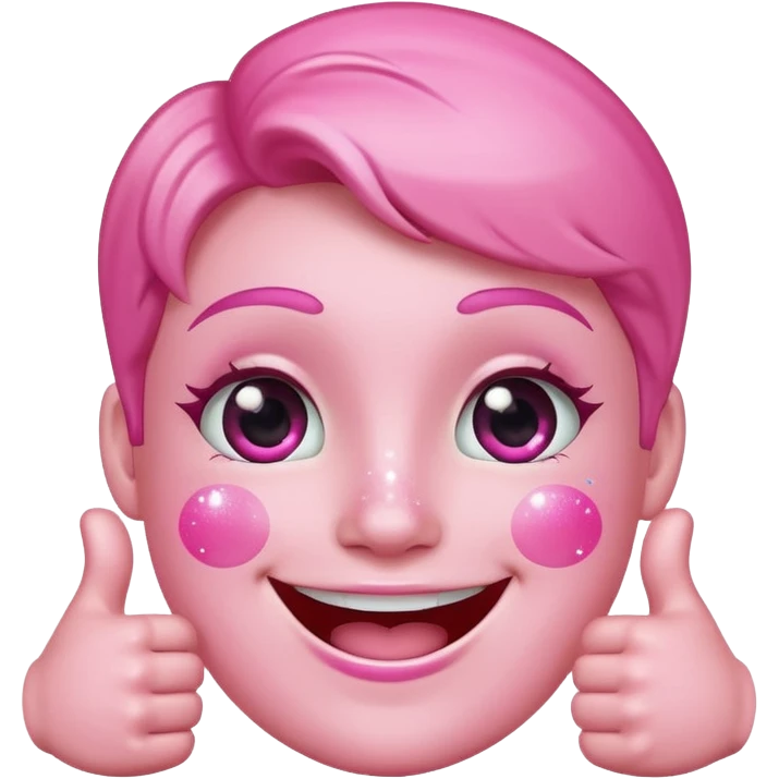 smiling pink face with sparkles and both thumbs up, playful and fun emoji