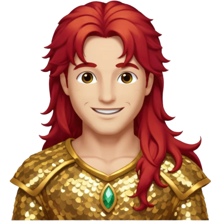 Adonis, God of Beauty from Gods and Goddesses with long red hair, gold sequin outfit emoji