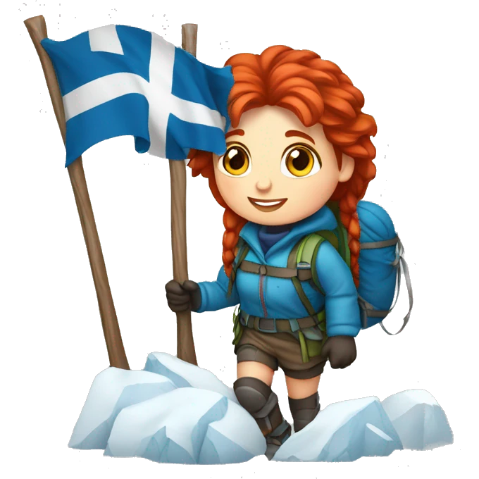 Female winter mountaineer red hair white skin climbing with Greek Flag and Easter eggs basket emoji