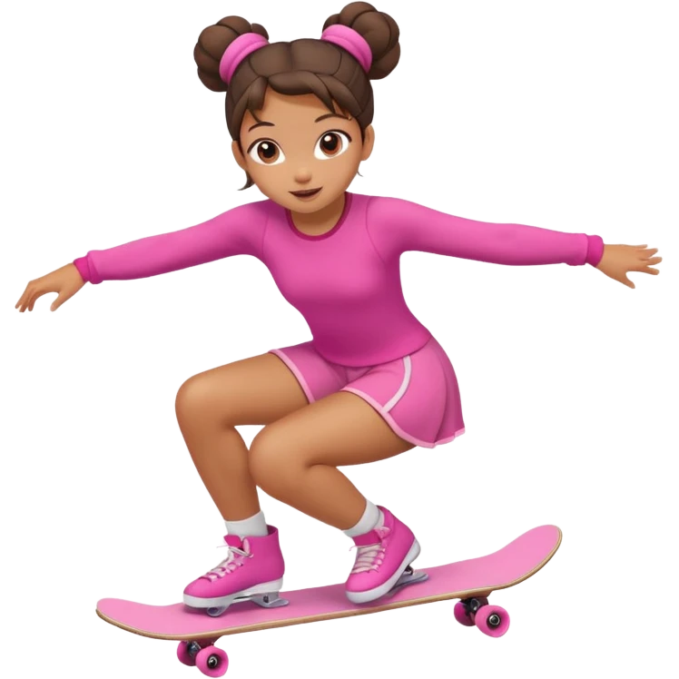Cute skater girl with two buns and pink outfit, gliding with playful energy. emoji