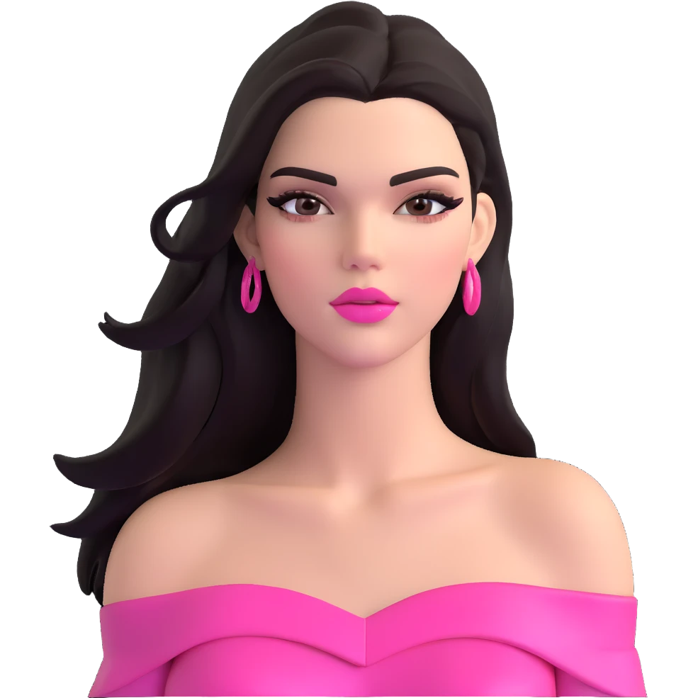 Kendall Jenner supermodel, longer face, long dark hair, bright pink glossy lipgloss, rosy pink blush, sharp winged eyeliner, bare shoulders emoji