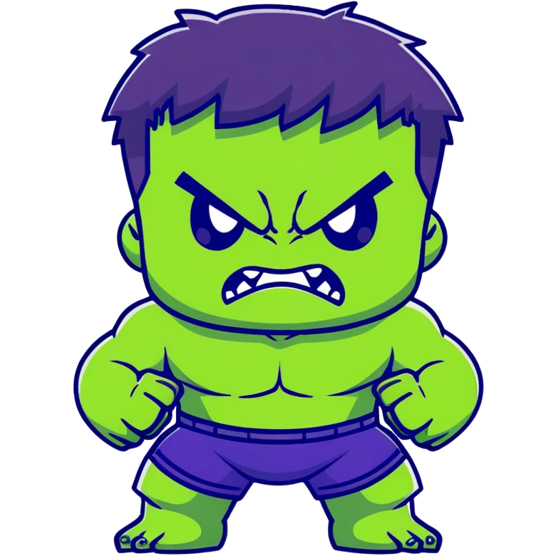Chibi Hulk, cute small proportions, big head, tiny body, adorable angry expression, green skin, purple shorts emoji