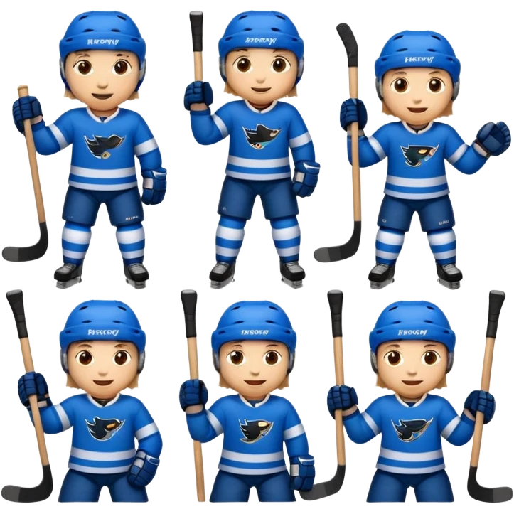 Set of 8 hockey sticker emojis for kids: happy player with a puck, tired player, celebratory player, player cheering, hockey helmet, hockey stick, ice rink, and team logo. emoji