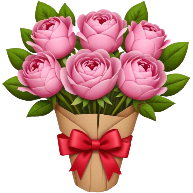 Bouquet of pink flower like rose and peony wrapped in kraft paper with red bow emoji