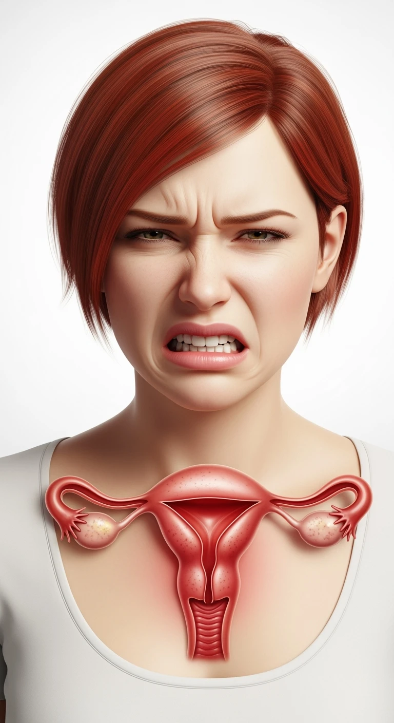 donna con utero umano realistico in evidenza dolorante, espressione di dolore in volto, sfondo bianco, non farla computerizzata, ma iperrealistica 4k emoji