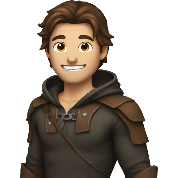 human male rogue with brown hair wearing a hood grinning emoji