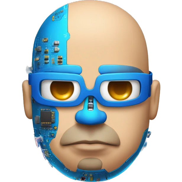 Fat bald cyborg head with tan skin, blue beard, blue goggles and circuits emoji