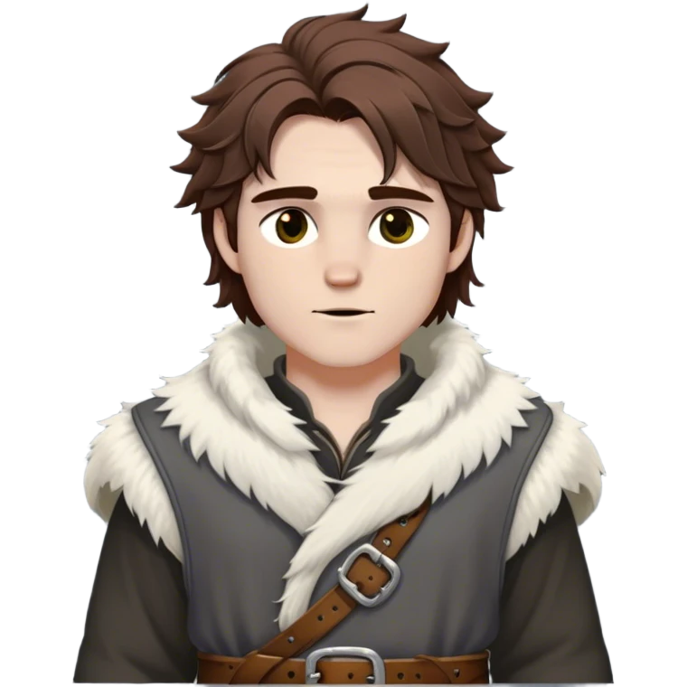 Medieval winter outfit worn by a DnD themed fantasy male character. Heavy slate gray wool tunic with wolf fur trim, featuring carved bone toggles and a wide leather belt with iron buckle. Clothes only above the waist, full waist coverage. The character has no arms. Character is white-skinned with dark copper hair, hazel eyes, and medium-length tousled hair with snow-touched strands. emoji
