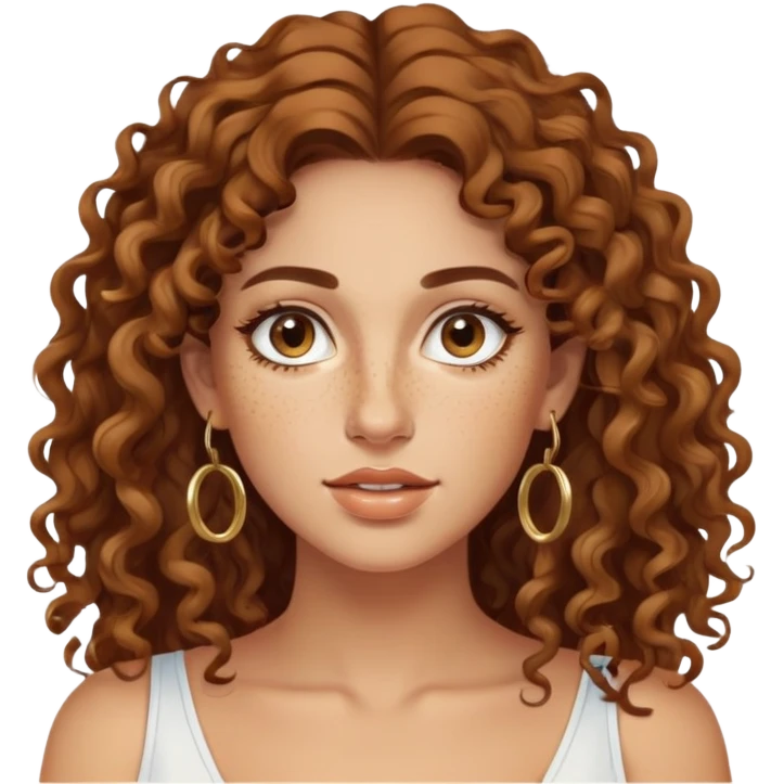 Attractive Greek woman with a wide face, freckles, long curly brown hair and gold hoop earrings emoji