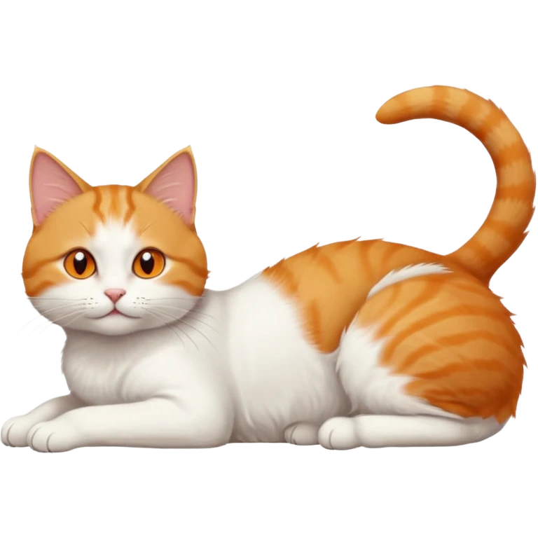 ginger and white cat with orange eyes doing a big extremely long stretch reaching up into the air with arms and legs side by side together straight and overextended whilst lying on its side emoji