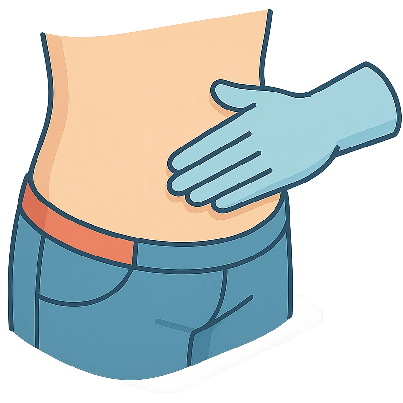Close-up of a human abdomen with a doctor palpating the area with a gloved hand coming from the opposite side, fingers gently pressing, side view, person wearing pants (not underwear), in a very detailed 2D isometric style with soft rounded shapes, clean contours, pastel palette, detailed shadows and highlights, modern illustration, transparent background. emoji