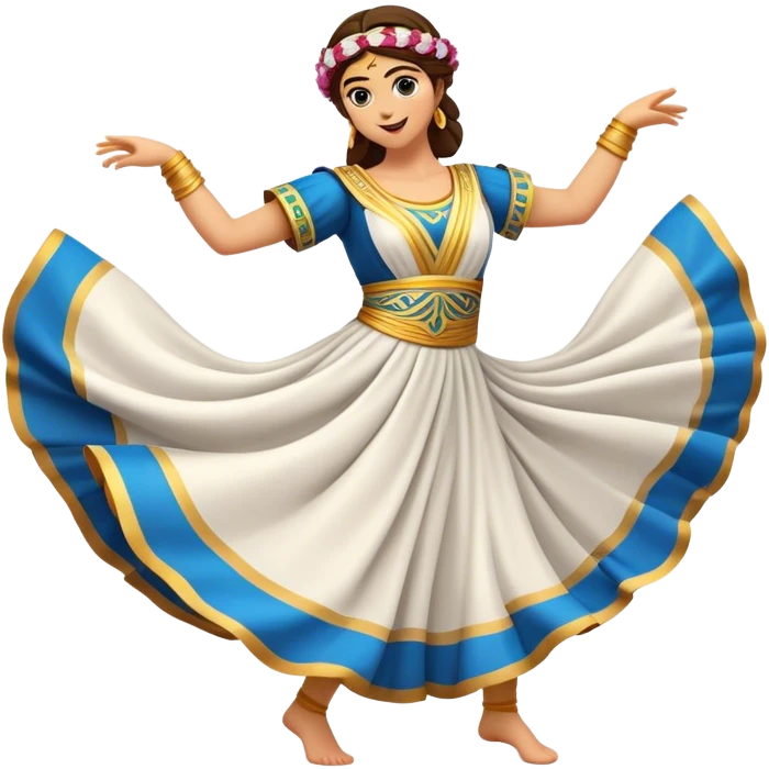 Cinematic Realistic Sirtaki Dance Emoji, depicted as a vibrant traditional Greek dance scene with flowing movements and expressive costumes, rendered with dynamic textures and warm festive lighting that captures its cultural exuberance. emoji