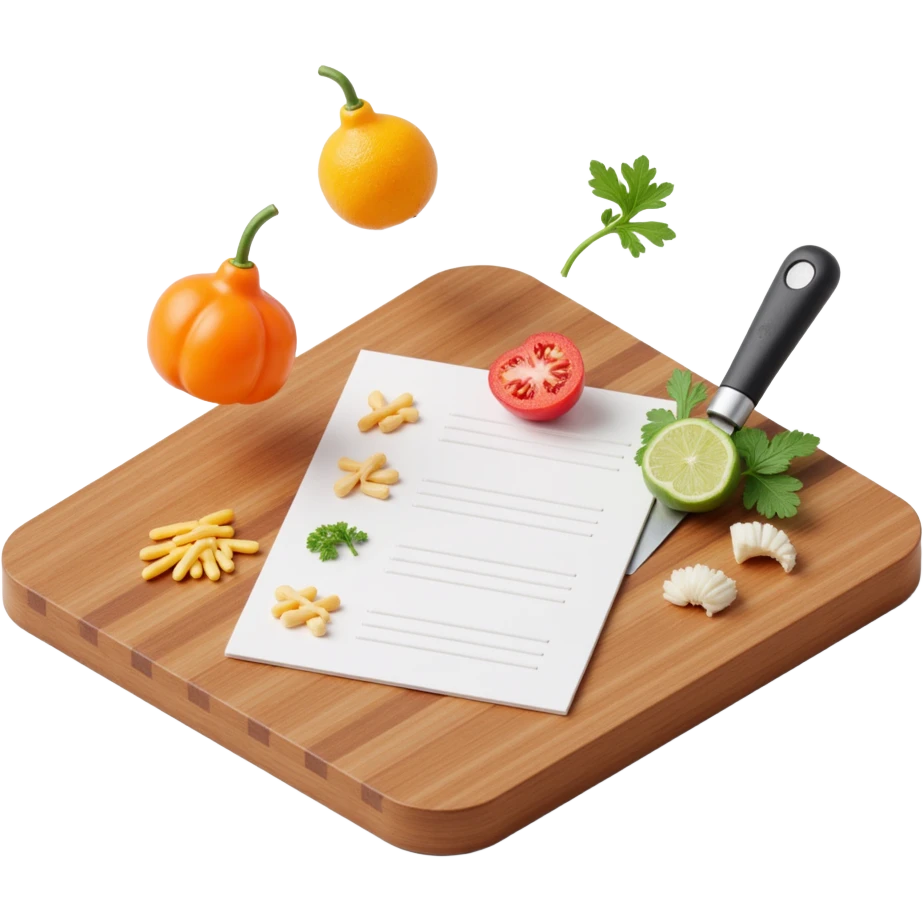 Floating Ingredients Around a List(without text) on the wooden cutting board emoji