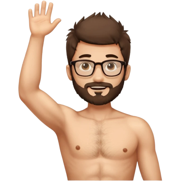 iOS emoji-style cartoon, light stubble, glasses, wide eyes, neutral skin tone, shirtless , very hairy chest , one arm up very hairy armpit emoji