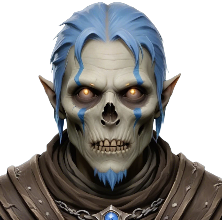 Cinematic Realistic WoW undead civilian Portrait, depicted with decayed yet noble features, his weathered, pallid skin etched with ghostly blue veins and ancient scars. Clad in modest, tattered attire in muted browns and greys that remain consistently rugged, his hollow eyes burn with determined defiance. Rendered with lifelike texture and dramatic natural lighting, high shine, noble and resilient, capturing the stoic spirit of an undead veteran of Azeroth. emoji