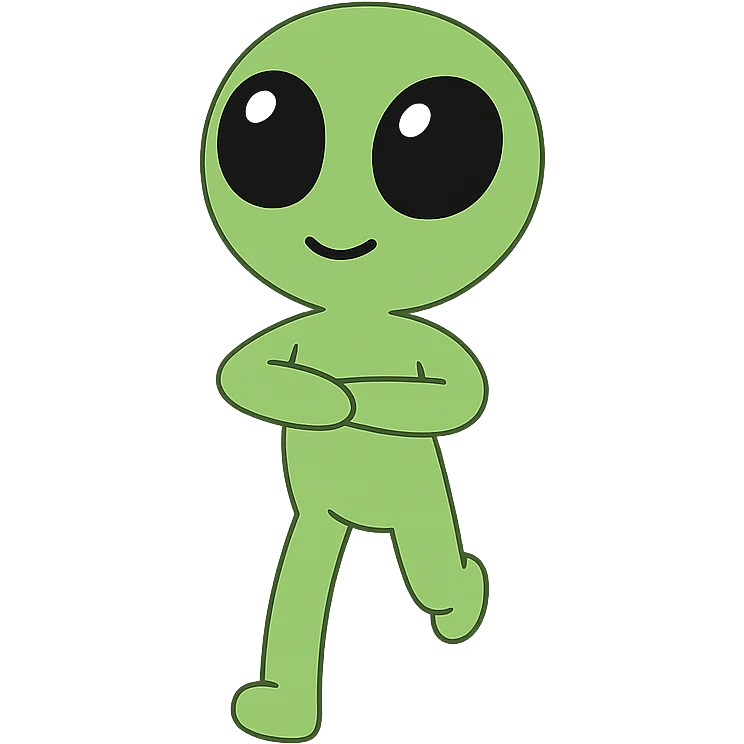 Create a neon green alien dancing, almost identical to the reference image, with minimal changes in the positions of arms and legs, looking straight ahead. This is frame 13 of the animation. PNG with transparent background. emoji