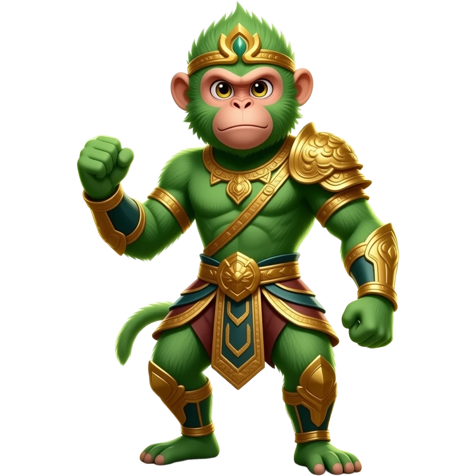 Bali, the powerful green monkey king, arrogant expression, standing defiantly, sunlight energy absorbing into skin, golden armor, unstoppable aura, jungle temple background. emoji
