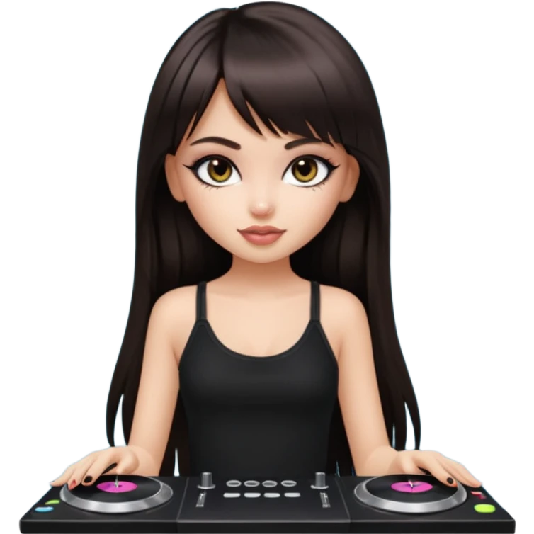 generate a pretty bratz girl in black cami top, dark brown straight long hair with bangs, eyeliner on, djing, fair emoji