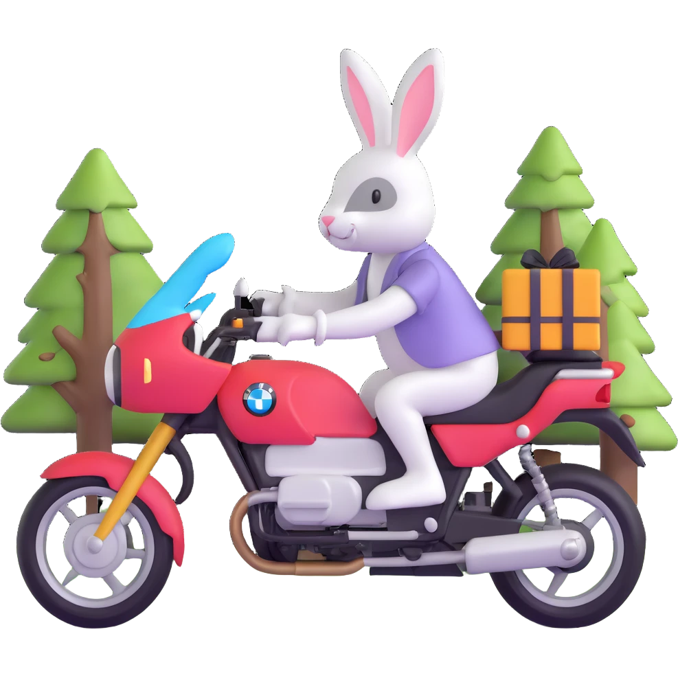 Easter bunny riding a BMW boxer motorcycle with trees and grass in the background emoji