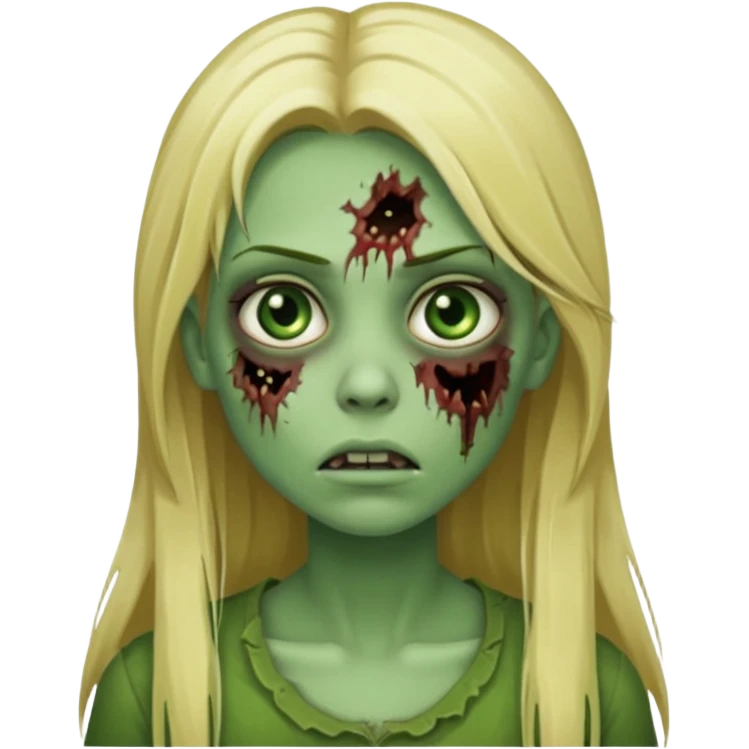 girl zombie with blonde straight long hair green skin and with no angry face and with the mouth closed emoji