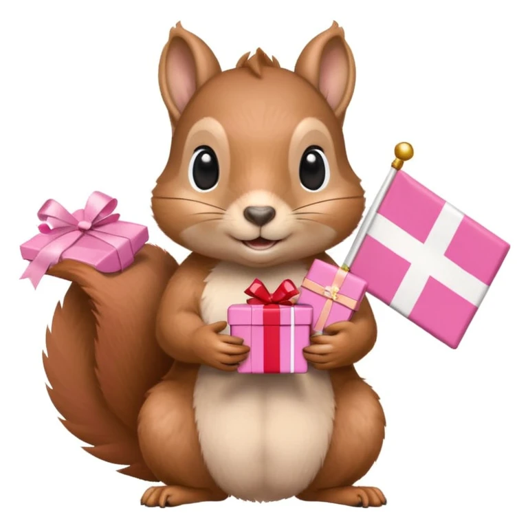 a squirrel holding a pink gift box in one hand and a Swiss flag in the other, both objects clearly visible, simple white background, the gift is a different color from the flag emoji