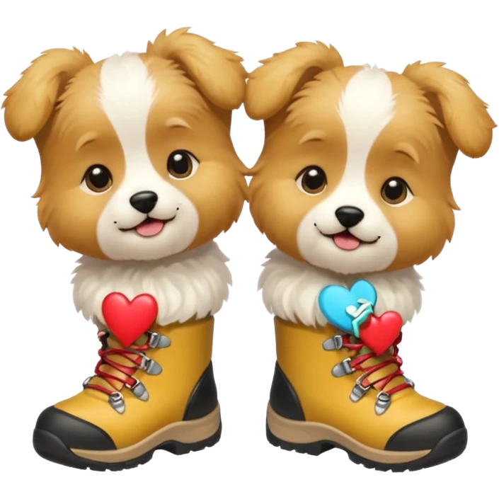 2 puppies with hiking boots on and a heart  emoji