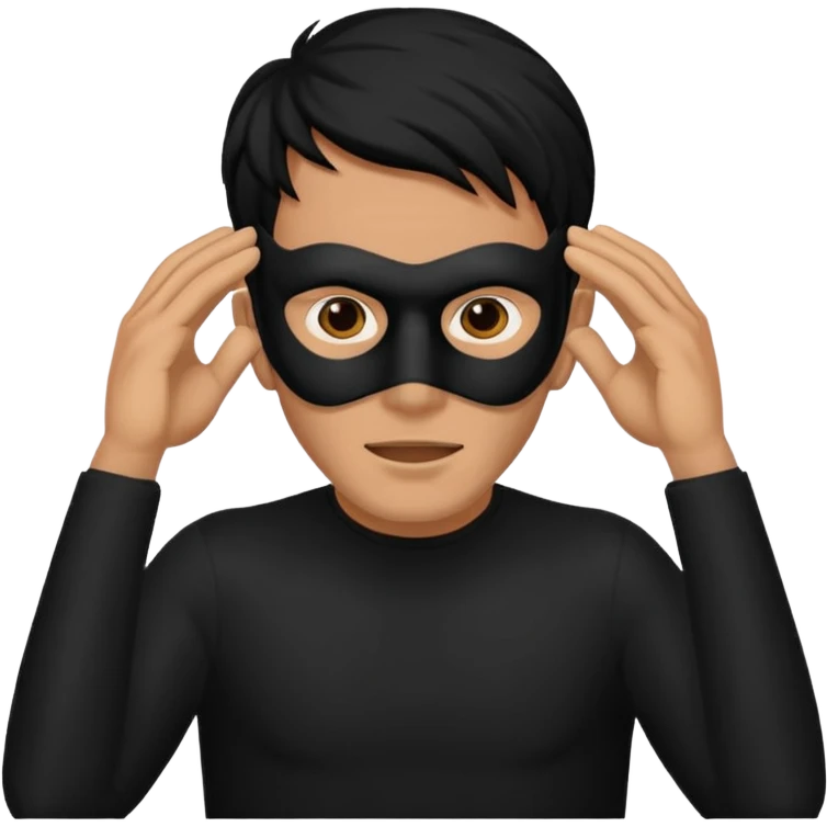 a man in a black mask without eyes and a mouth covers his ears emoji