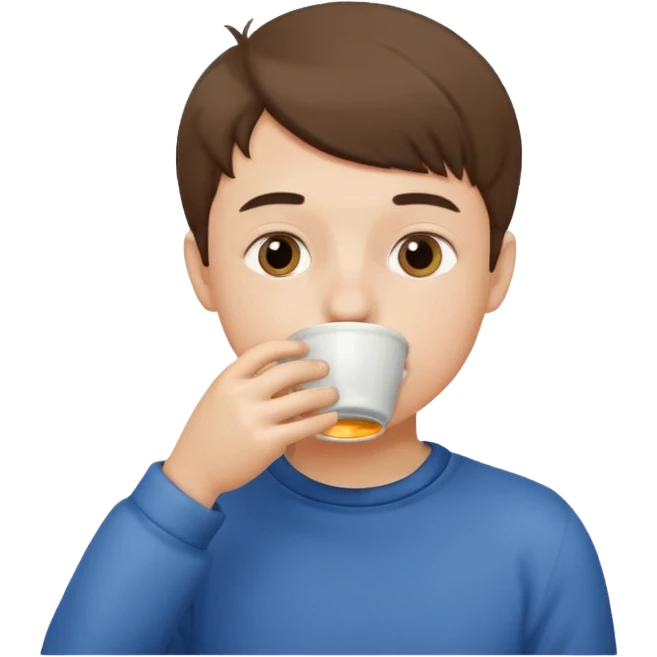 a boy drinking , the cup is touching his mouth, emoji