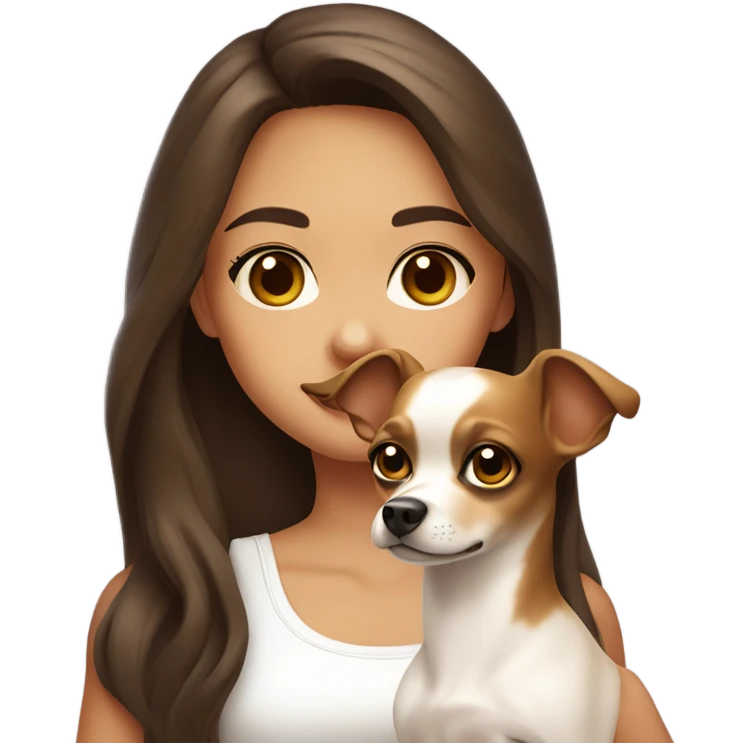 A girl with long brown hair, big brown eyes, very big lips wearing a white singlet top, she is holding a chihuahua that is completely light yellow  emoji