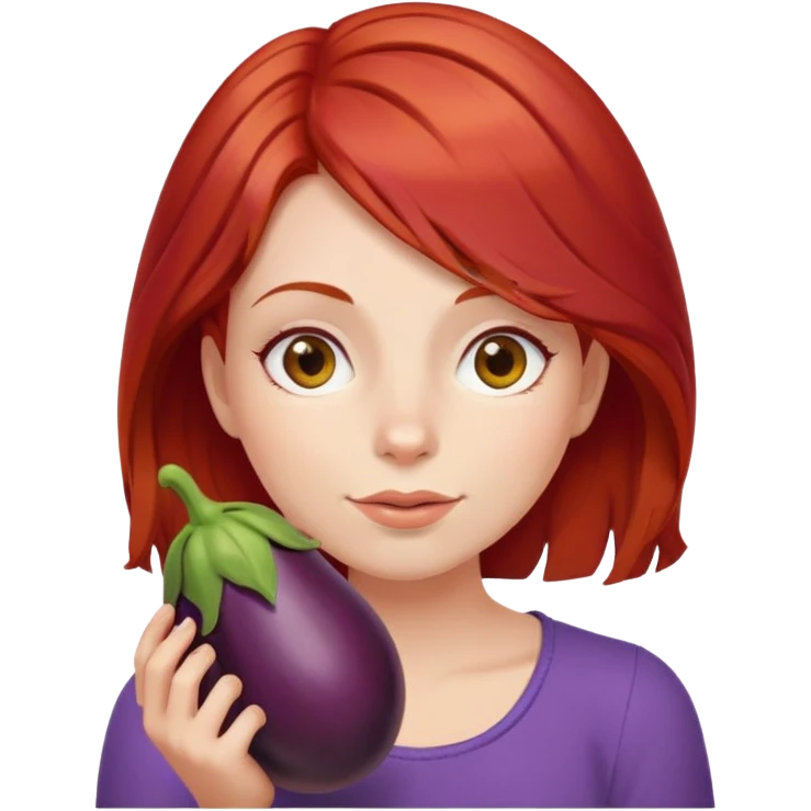 Redhair girl pus eggplant under her cheeks emoji