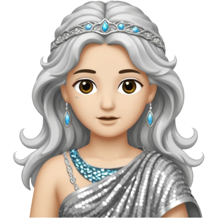 Diana from Roman Deities with long silver wavy hair, silver sequin toga emoji