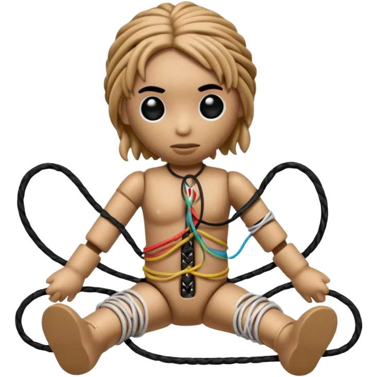 woodoo doll tightly bound with tangled AUX cables. emoji