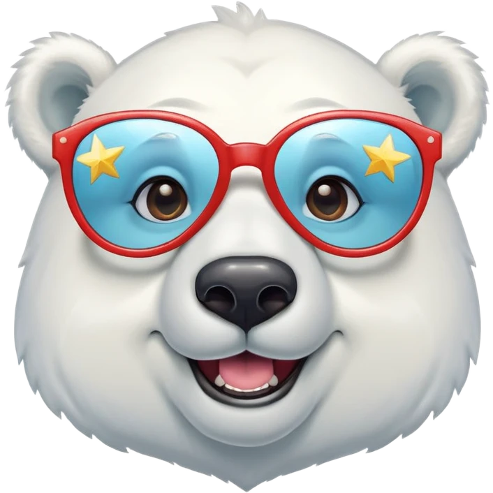 head and shoulders of a friendly anthropomorphised polar bear smiling, wearing large multicolored star-shaped glasses emoji