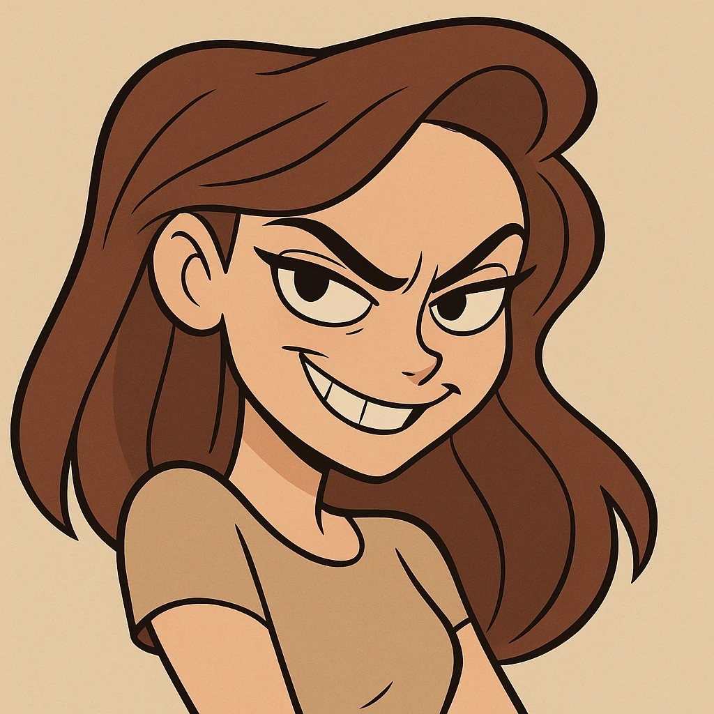 a beautiful girl with a sly, playful grin and intense eyes, bold cartoon style emoji