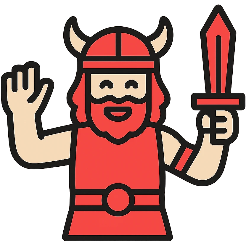 A barbarian waving a sword in greeting, red color emoji