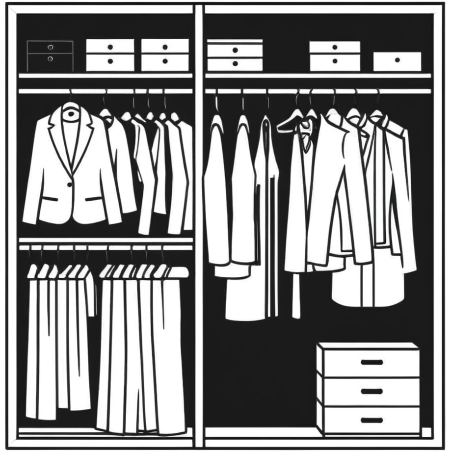 Simple closet with organized professional outfits, work wardrobe planning emoji