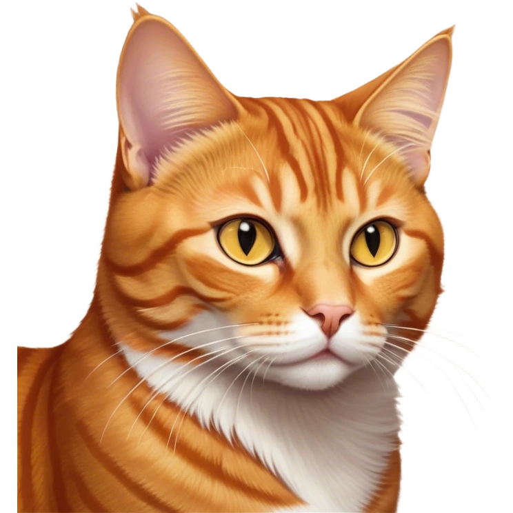 Cinematic Noble Ginger Tabby Cat Portrait Emoji, Poised and regal, with sleek orange-brown fur featuring bold tabby stripes and a distinct M-shaped marking on the forehead, bright amber eyes, Simplified yet sharp and sophisticated features, highly detailed, glowing with a soft, dignified glow, high shine, intelligent and graceful, stylized with an air of elegance, focused and attentive, soft glowing outline, capturing the essence of a watchful and refined feline, so majestic it feels as though it could glide across the screen with effortless confidence! emoji