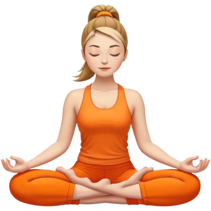 caucasian woman with ponytail in lotus position meditating, eyes closed, peaceful expression, bright orange yoga clothes emoji