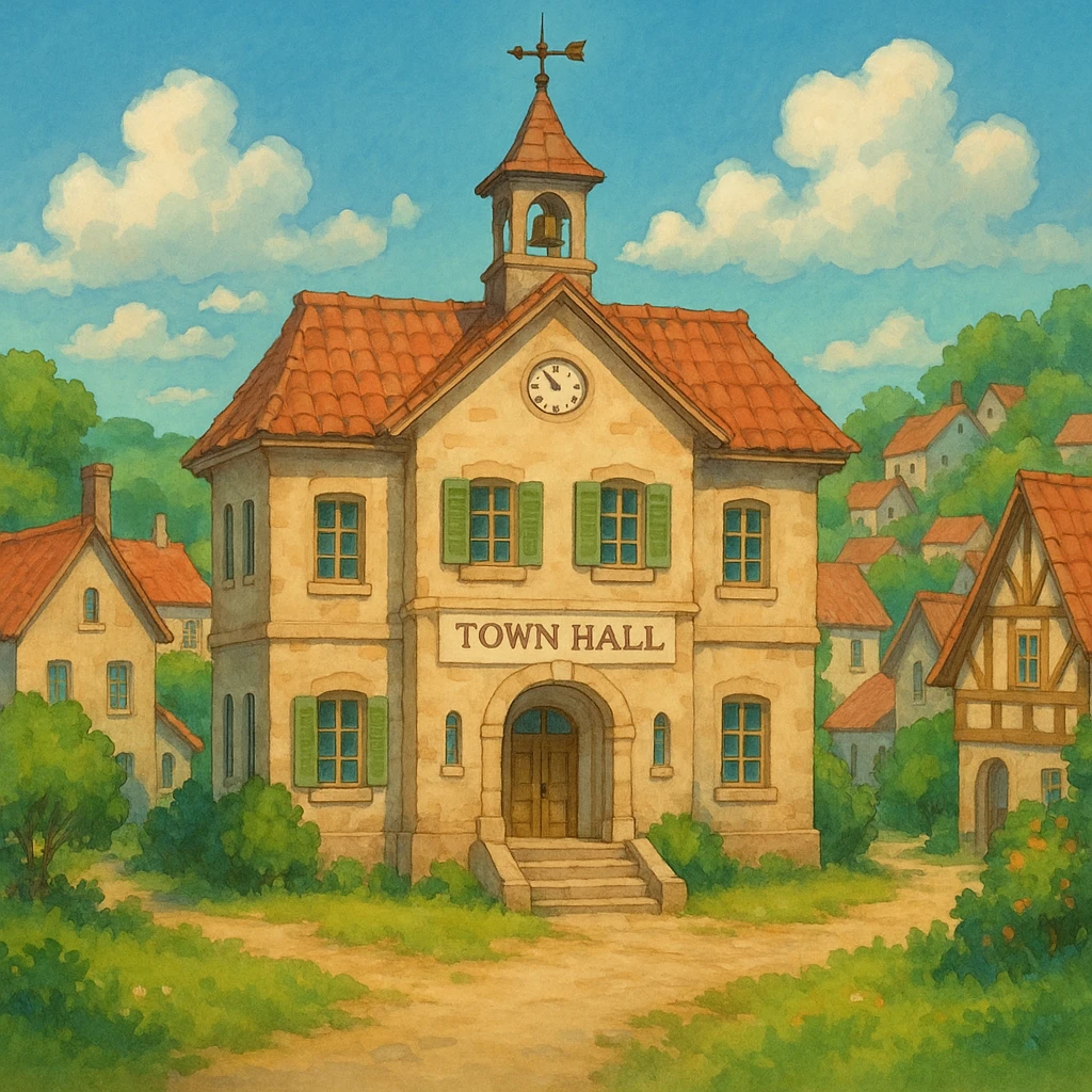 ghibli style village scene with town hall representing a municipality emoji