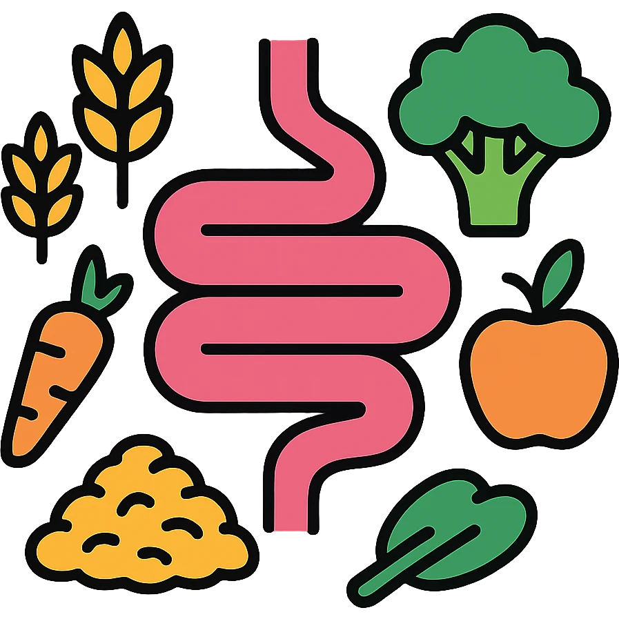 Dietary fiber icon with a stylized intestine and various fiber sources like grains, vegetables and fruits arranged around it, showing fiber's journey through the digestive system emoji