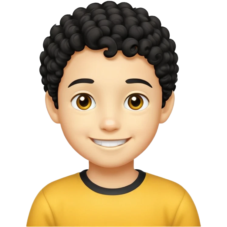 bé trai 10 tuổi, da vàng, tóc ngắn xoăn màu đen, mặt cười tươi vui vẻ emoji