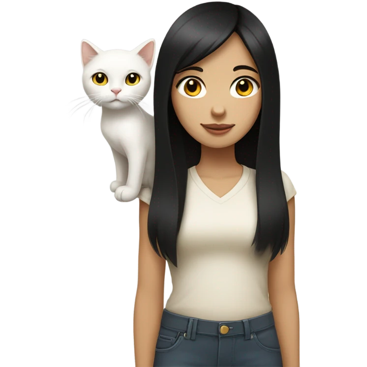Girl with black straight hair white skin brown eyes holding white cat with yellow eyes emoji