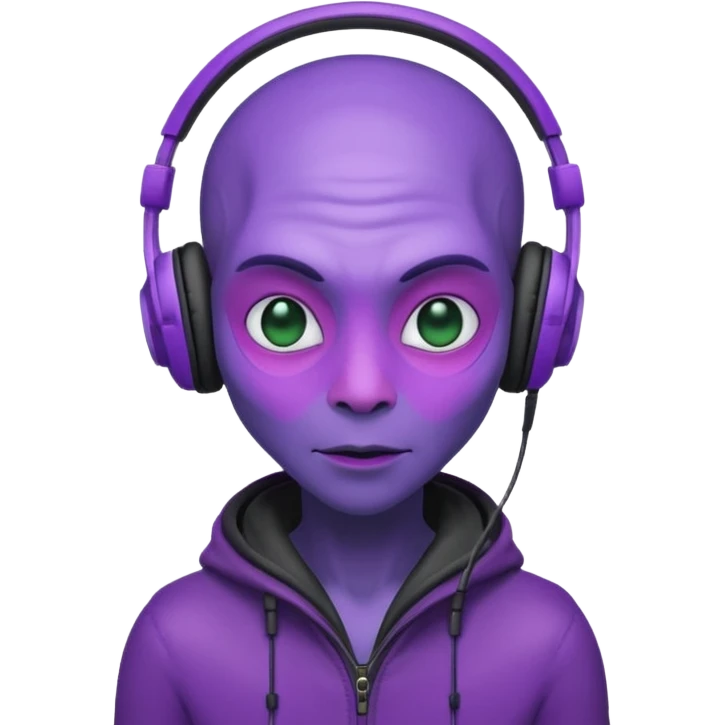 headphone wearing alien, purple haired emoji