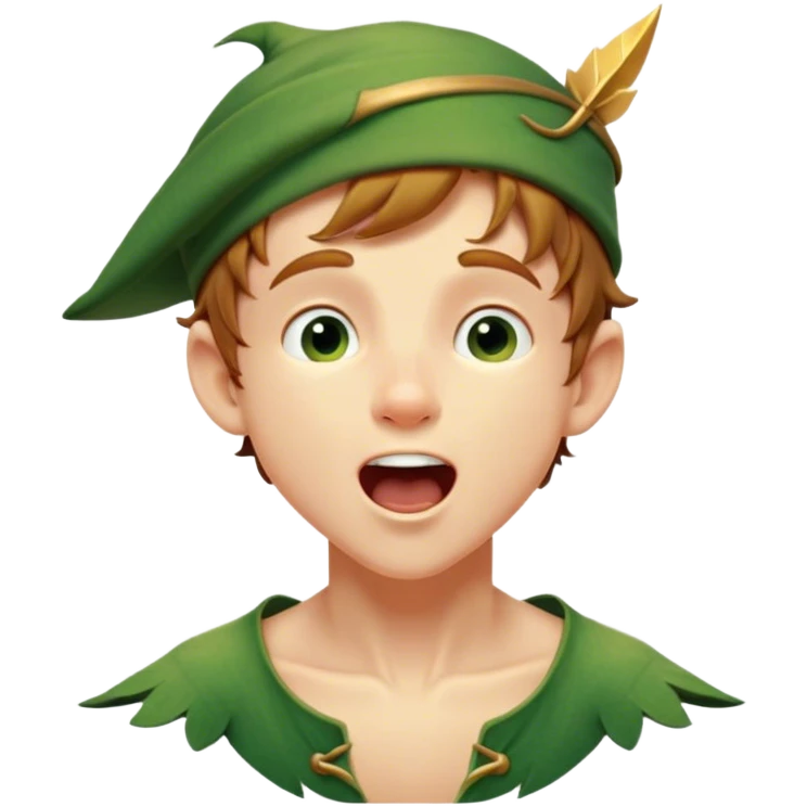 Cinematic Realistic Peter Pan Portrait, head tilted slightly with a dramatic, wide-open yawn, revealing a relaxed yet spirited expression. His detailed tunic and cap, paired with a gentle, ambient glow, capture a tender moment of vulnerability amidst his eternal quest for adventure. emoji