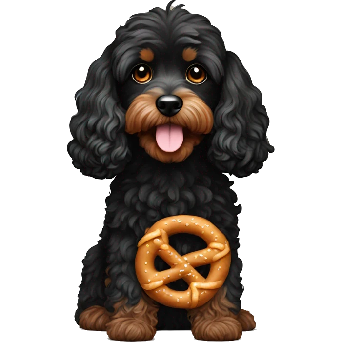 Black cavapoo with a Pretzel emoji