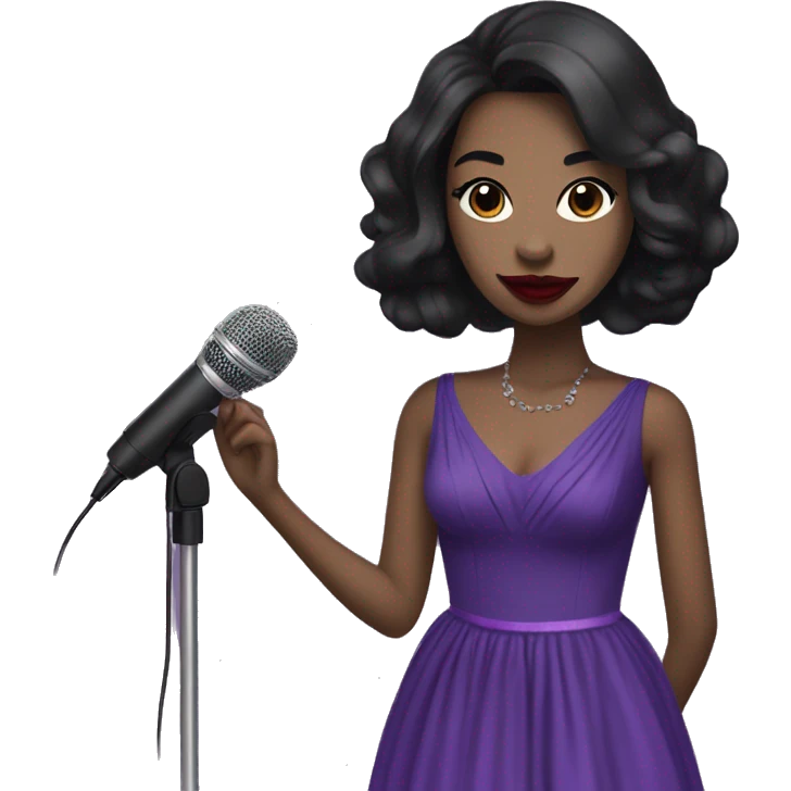 tall girl with long straight black hair with red lipstick with a microphone and purple prom dress emoji