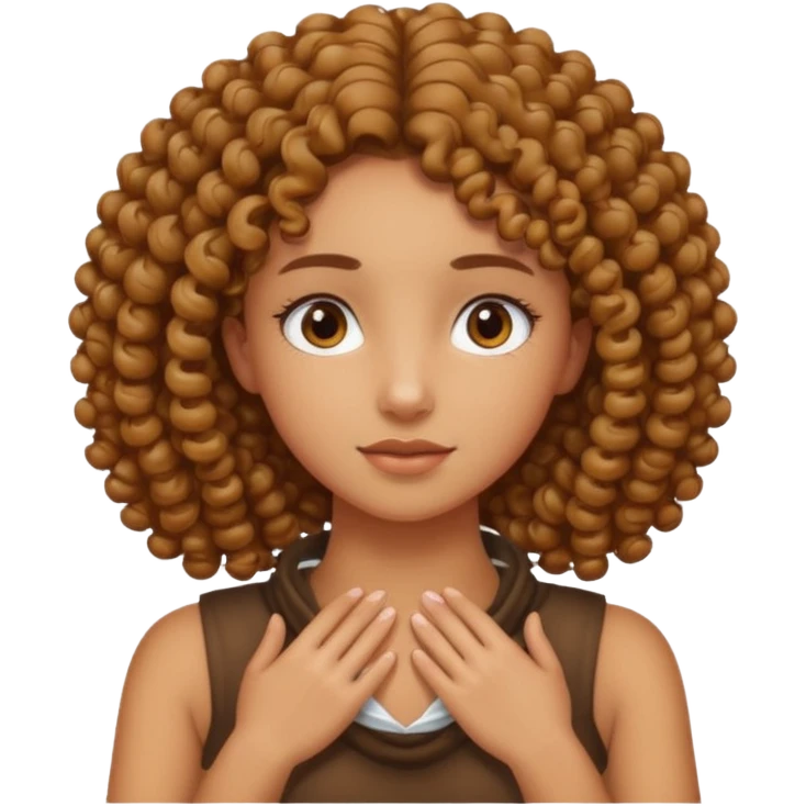 A tan girl with curly hair with hands crossed on neck emoji