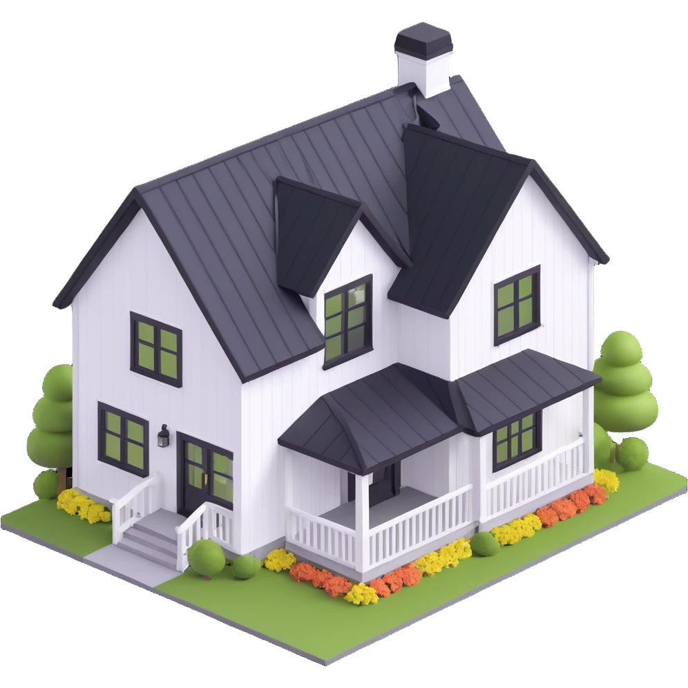 modern farmhouse with white siding, black roof and black trim, isometric emoji