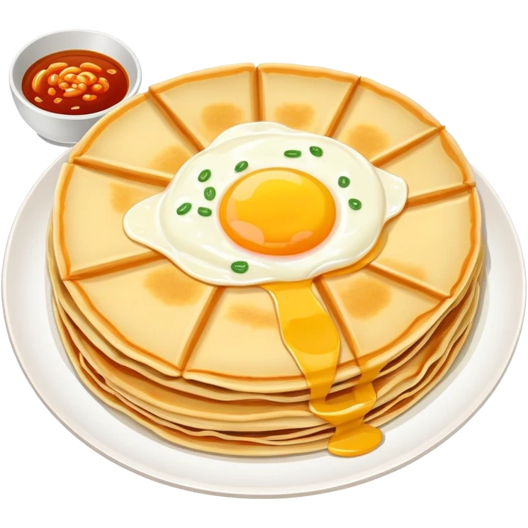 Beijing Jianbing savory crepe with egg, crispy wafer and sauce, simplified emoji style with bold outlines and bright colors, cartoon style popular Chinese breakfast pancake emoji