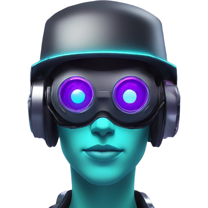 Secret humanoid agent in a futuristic hat with in Apple VR goggles headset code display on the goggles , cyberpunk, cyan and purple colors, only upper body portrait, front facing the camera  emoji